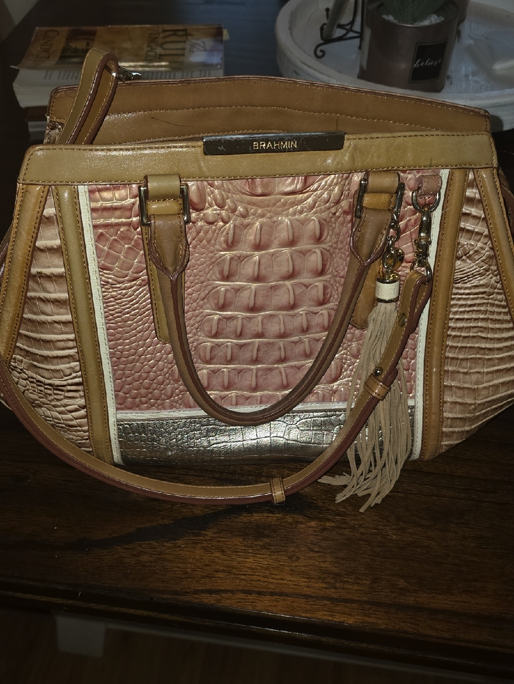 Brahmin Rose Gold and Tan Croc-Embossed Satchel with Silver Accent